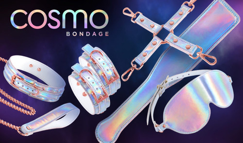 Cosmo Metallic Rainbow Bondage Kit with holographic cuffs, collar, leash, blindfold, and flogger
