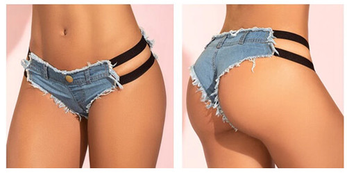 Mapale Strappy Faux Denim Cut-Off Thong Shorts - Blue Chambray