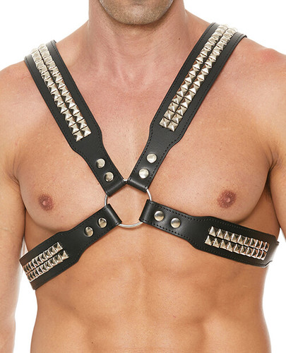 Uomo Men's Pyramid Stud Black Leather Chest Harness