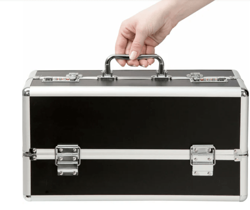 Sleek black lockable vibrator case with metal finish and sturdy handle being opened, showing compact, discreet storage for sex toys and accessories.