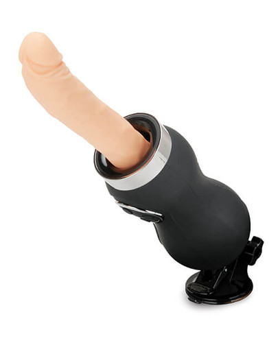 Thrusting dildo machine with interchangeable silicone attachments, adjustable angle base, and vibration settings