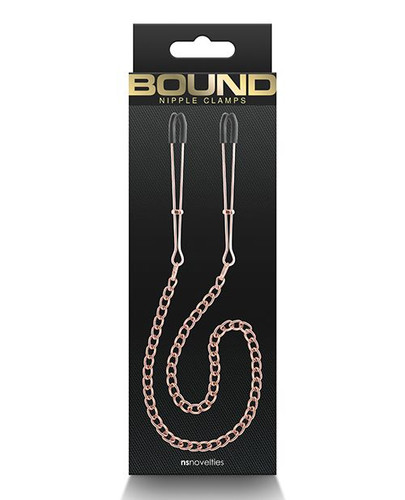 BOUND DC3 rose gold nipple clamps with chain, adjustable tweezer-style clamps with silicone tips for controlled pressure