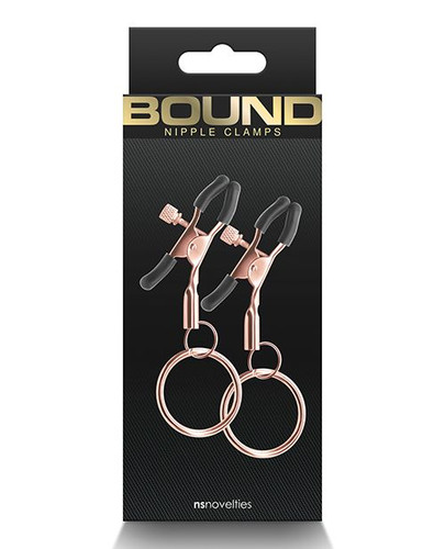 Rose gold hoop nipple clamps with adjustable alligator clips and silicone tips, weighted hoop design for added stimulation