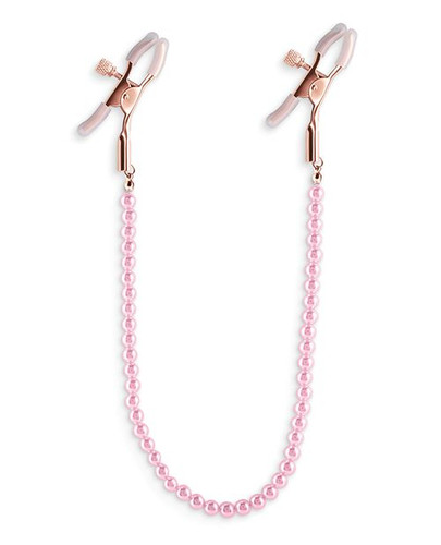 BOUND DC1 pink pearl nipple clamps with rose gold finish and decorative pearl strand, adjustable clamps with chain for added stimulation