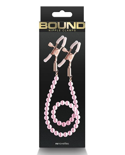 Pink pearl nipple clamps with rose gold alligator clips and adjustable silicone tips, feminine chain-style nipple accessory