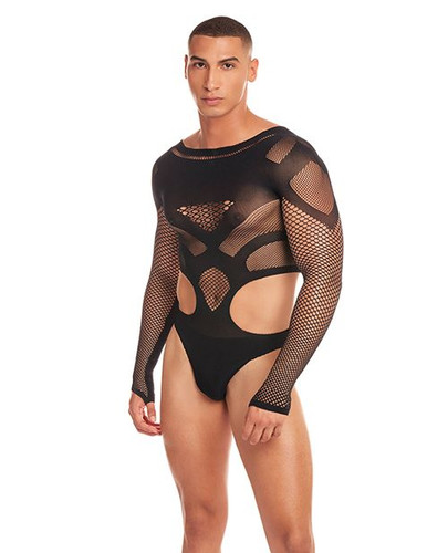 Out of Orbit Black Mesh Men's Bodysuit - Rainbow Party