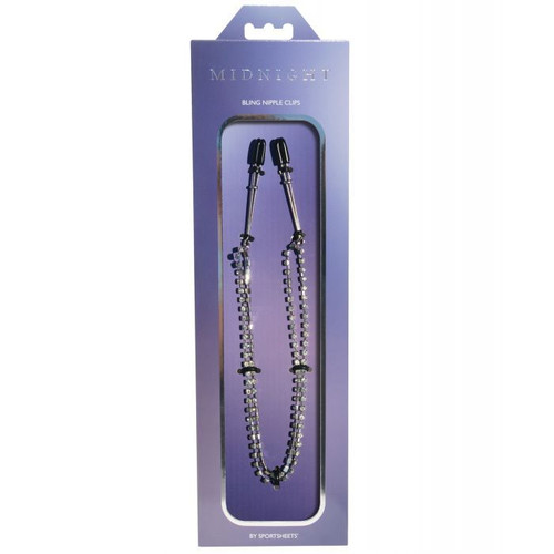 Midnight Bling crystal nipple clips showing adjustable tweezer-style clamps with decorative rhinestone chest chain.