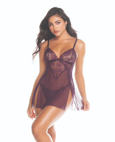 Mulberry Lace & Mesh Babydoll & Thong - Mapale Lingerie