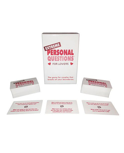 Close-up of Extreme Personal Questions for Lovers cards showing example prompts designed to spark conversation, connection, and playful tension between couples