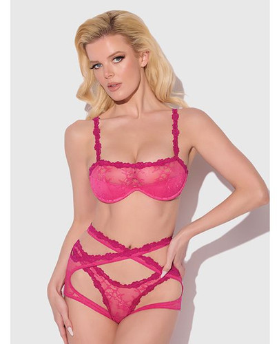 Yvonne Lace Bra, Panty & Garter Set - Pink