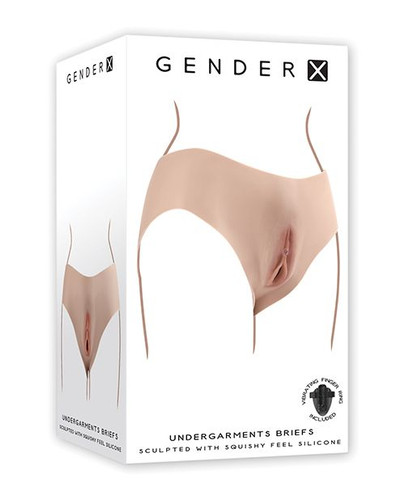 Wearable silicone vagina briefs shown from the front, featuring realistic external detailing and a smooth, body-contouring fit designed for natural appearance under clothing.