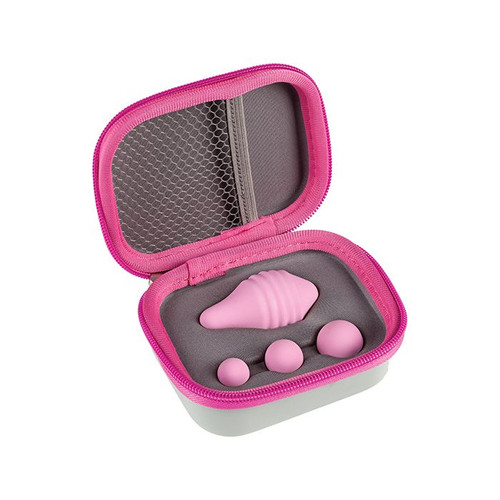 Femintimate Pelvix pelvic floor training system by Adrien Lastic displayed with sleek carrying case and three progressive weight inserts, designed in Europe.