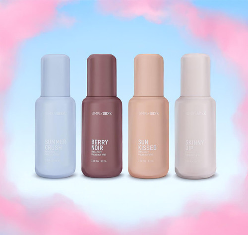 Simply Sexy pheromone hair and body mist collection in pastel bottles featuring Berry Noir, Summer Crush, Sun Kissed, and Skinny Dip scents