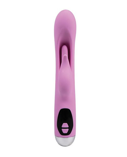 Close-up of the Camtoyz Avery rabbit vibrator showing the flexible clitoral stimulator and internal tapping arm for G-spot stimulation.