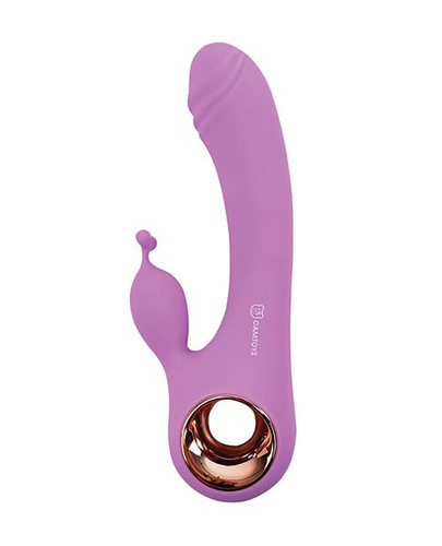 Camtoyz Tif Rabbit Vibrator featuring a curved textured shaft, clitoral stimulator with flexible tips, and ergonomic metallic loop base.