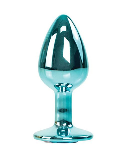 Camtoyz Crown Jewel Mini Plug stainless steel anal plug shown resting in a hand for scale, featuring a smooth tapered tip and polished blue jewel base.