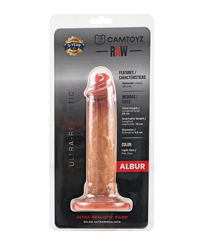 Side view of the Albur 7.87-inch realistic silicone dong highlighting its 7.48-inch insertable length and stable flat base for strap-on use.