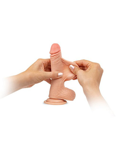 Side profile of the Zander 9-inch ultra realistic dildo highlighting its 6.5-inch insertable length, textured shaft, and strong suction base designed for stable, controlled play.