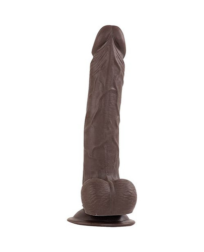 Side profile of the Zander 9-inch ultra realistic dildo highlighting its 6.5-inch insertable length, textured shaft, and strong suction base designed for stable, controlled play.