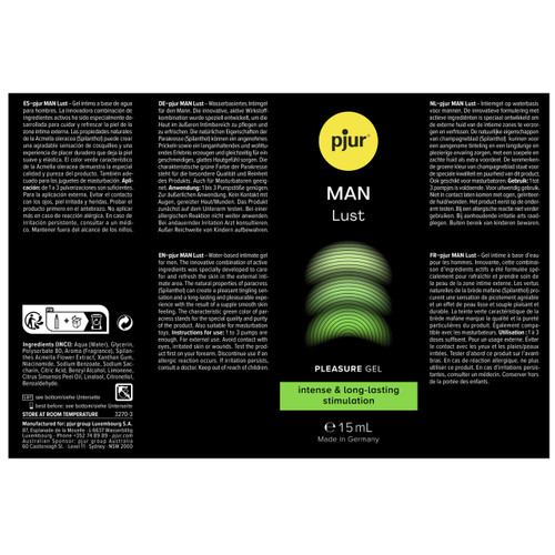 Pjur MAN Lust male stimulation gel with spilanthes acmella extract, a water-based arousal formula that enhances sensation and circulation for more intense touch.