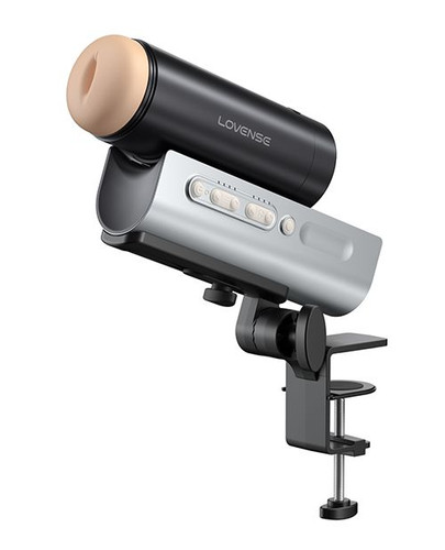 Close-up of the Lovense Solace Pro thrusting stroker showing the removable sleeve and powerful automatic thrusting system.