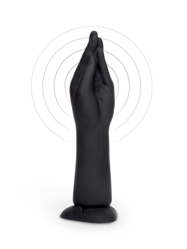 Sleek black silicone hand-shaped fisting dildo standing upright with tapered fingers and flared suction base, showcasing its realistic design and smooth matte finish.