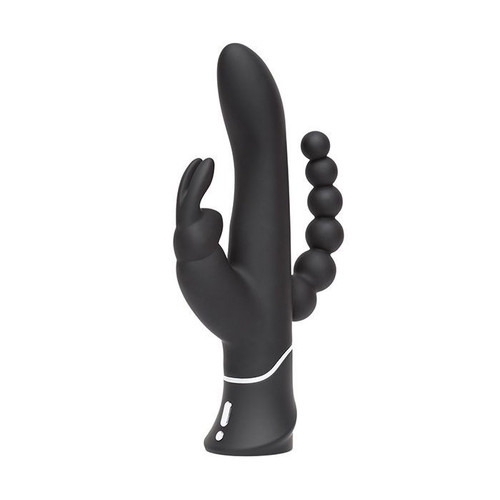 Triple stimulation rabbit vibrator with curved shaft, flexible clitoral ears, and angled anal beads, designed for simultaneous G-spot, clitoral, and dual stimulation