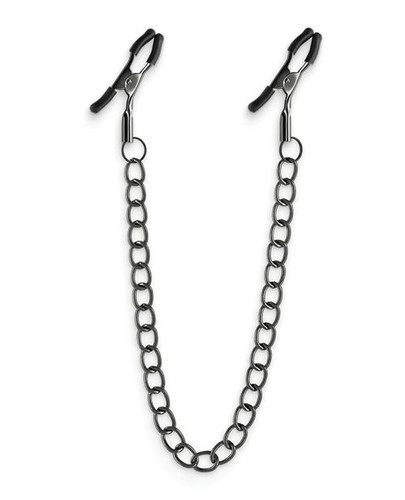 Gunmetal chain nipple clamps with adjustable screw tension and thicker chain design, intermediate nipple stimulation accessory