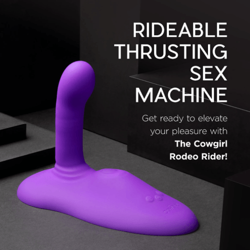 Cowgirl Rodeo Rider hands-free thrusting grinder with silicone base and upright vibrator attachment