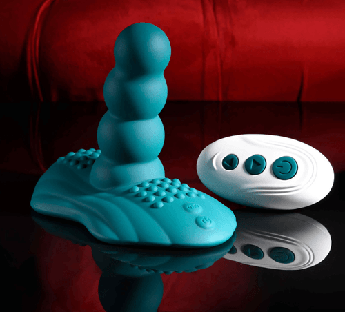 Playboy Have a Seat vibrating ride-on toy with beaded shaft and textured grind pad in black silicone