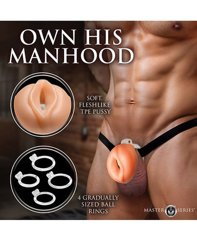 Male model wearing a black chastity cage harness with waist and thigh straps, showing full harness fit and front profile