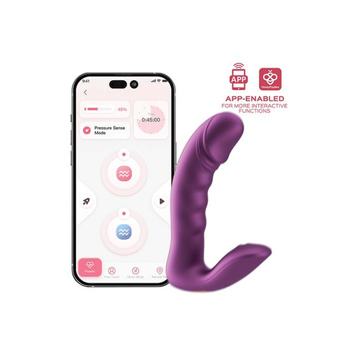 side-facing product image of the Rora 2 vibrator showing its curved shaft, rotating tip, and external clitoral arm against a plain background.