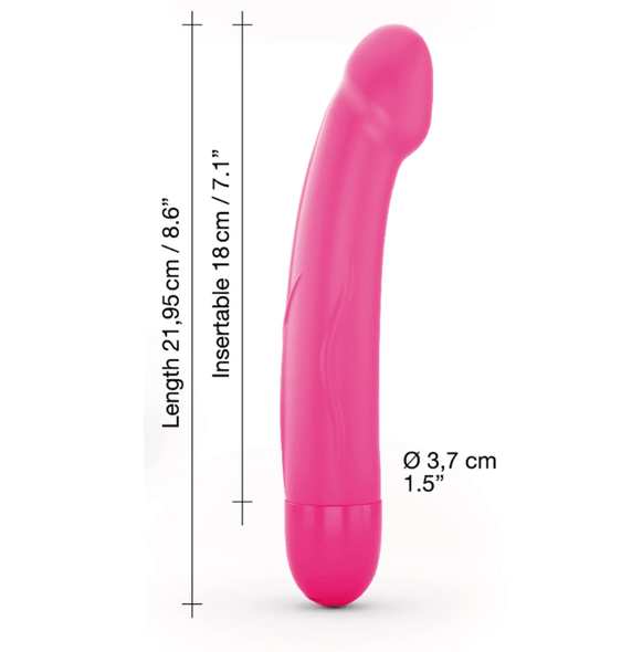 Close-up product image highlighting the curved tip and body-safe silicone texture of the Dorcel Real Vibration Rechargeable Vibrator in size medium -  showing the length, width, diameter, and sizing information