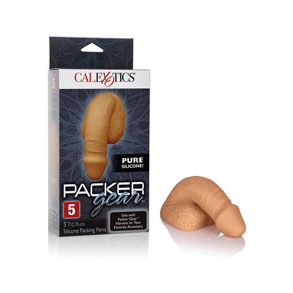Tan brown silicone packer with realistic anatomical detailing, including natural contours and a defined shape. Features a smooth, skin-like finish designed for a natural-looking bulge under clothing.