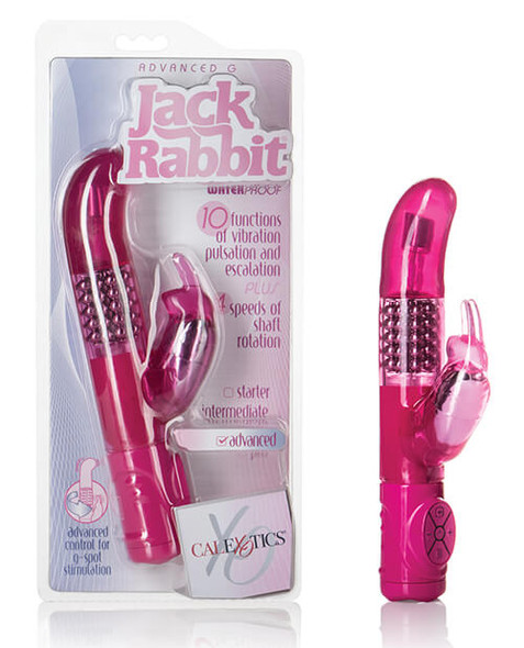 Close-up of Jack Rabbit Triple G showing internal bead chamber, angled shaft, and dual-action external stimulator