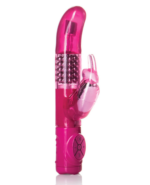 Pink Jack  Rabbit vibrator with rotating bead shaft, curved G-spot tip, and flexible bunny ear clitoral stimulator