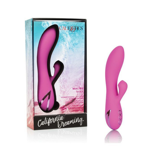 Malibu Pink Rabbit vibrator with clitoral suction nozzle and curved shaft, designed for combined external suction stimulation and internal vibration in a soft silicone finish