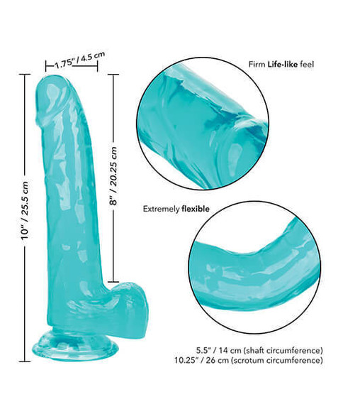 Blue Size Queen 8" Dildo showing inches and diameter Dimensions