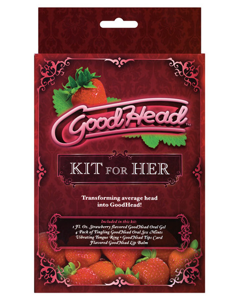 Good Head Oral Sex Kit For Her gift set - Comes with strawberry-flavored oral gel, tingling mints, lip balm, vibrating tongue ring, and instructional tips card. Everything needed to upgrade oral play in one playful package.