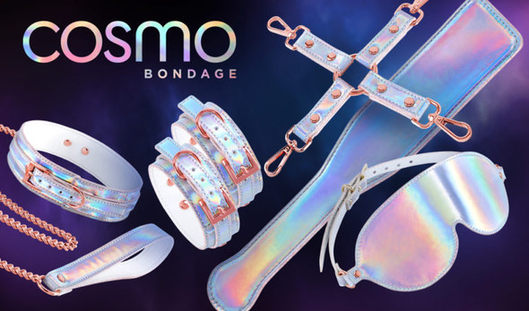 Cosmo Metallic Rainbow Bondage Kit with holographic cuffs, collar, leash, blindfold, and flogger