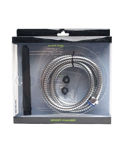 Sport Fucker Hydroshot Metal Hose Shower Kit retail packaging standing upright. The package displays the Sport Fucker branding with product imagery showing the black silicone Locker Room nozzle and attached metal hose components against a dark background.