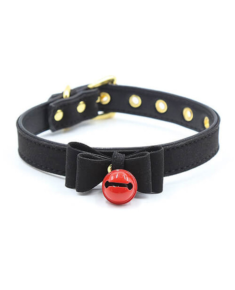 Black kitten play collar with red bell and bow tie detail, adjustable PU leather choker for roleplay