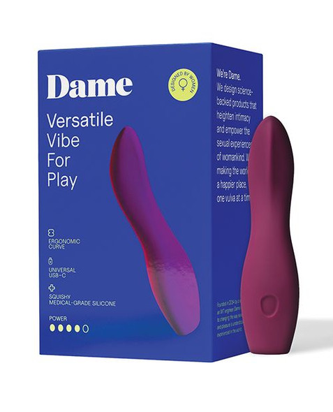 Dame Products Dip 2.0 vibrator in retail packaging, boxed product display featuring the compact silicone vibrator, branded packaging design, USB charging cable, and product details visible.