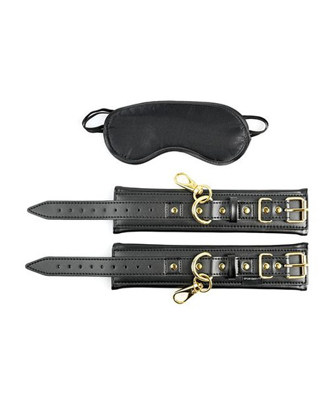 Black Vegan Leather Cuffs & Blindfold Set