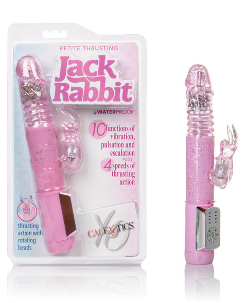 Petite thrusting rabbit vibrator in translucent pink  with rotating bead shaft, flexible bunny ears, and curved slim design