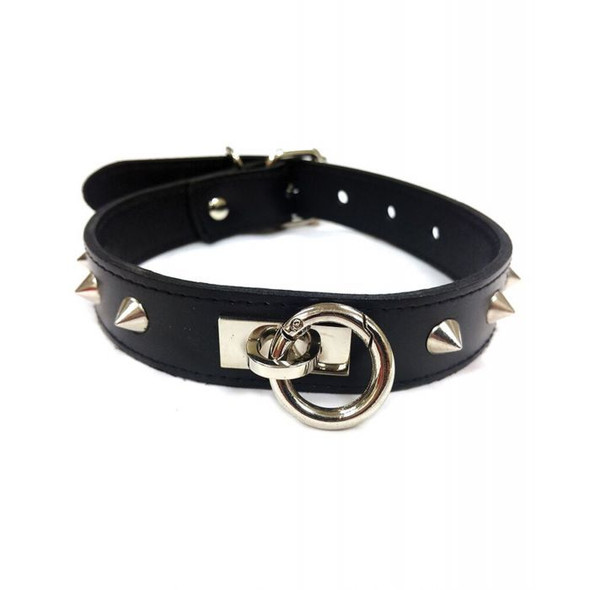 Rouge Leather O-Ring Studded Bondage Collar - Black