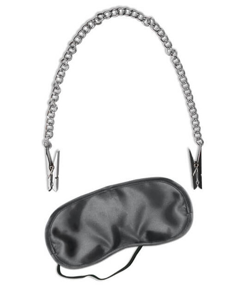 Fetish Fantasy Bondage Kit comes with a satin blindfold and silver chain nipple clamps