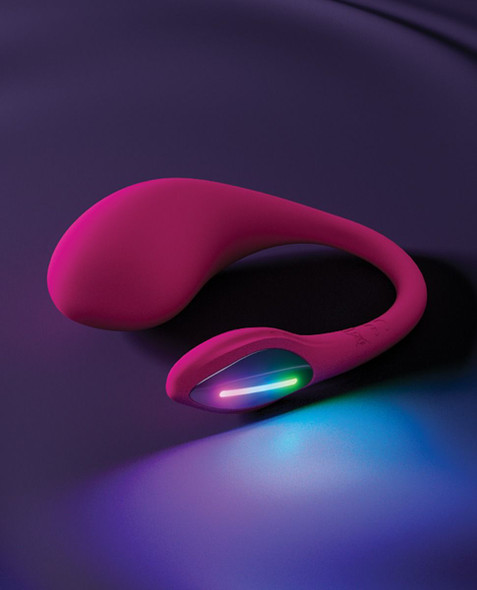 Wearable egg-style vibrator with curved tail for secure fit and smooth silicone finish, designed for comfortable internal wear and external control.