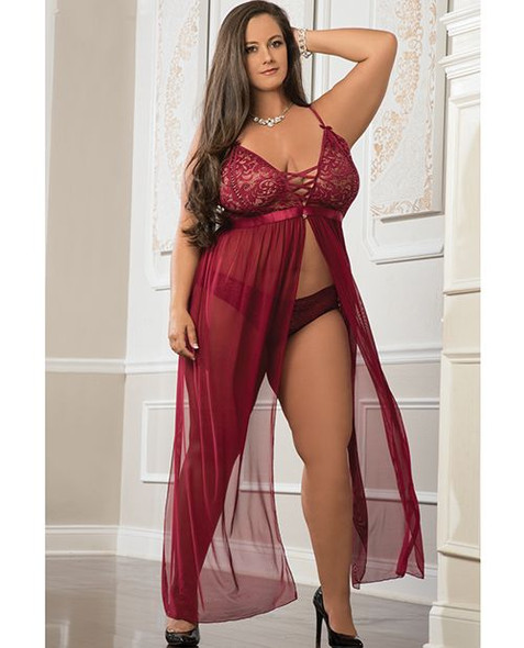 Mulled Wine Lace & Mesh Long Dress  - Queen Sized Lingerie