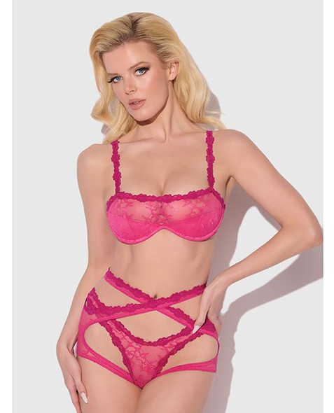 Yvonne Lace Bra, Panty & Garter Set - Pink